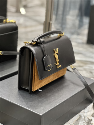 Y.S.L Sunset Top Handle Bag In Smooth Leather and Suede Gold Tone Metal Black Color