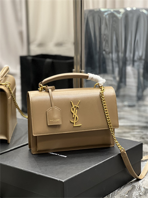 Y.S.L Sunset Top Handle Bag In Smooth Leather Gold Tone Metal Dk Beige Color