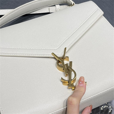 Y.S.L CASSANDRA MEDIUM TOP HANDLE BAG IN DE POUDRE EMBOSSED LEATHER Gold Tone Metal White Color