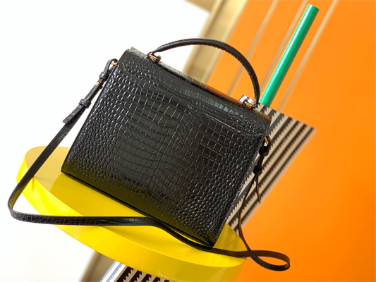 Y.S.L CASSANDRA MEDIUM TOP HANDLE BAG IN CROCODILE EMBOSSED LEATHER Gold Tone Metal Black Color