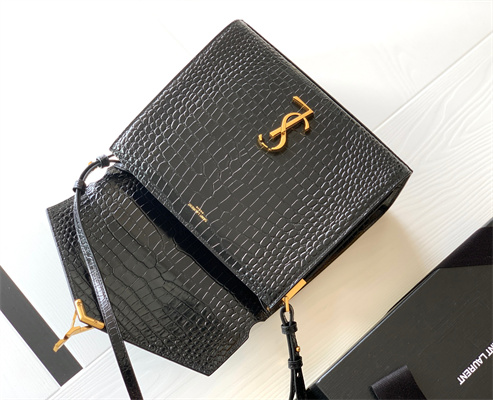 Y.S.L CASSANDRA MEDIUM TOP HANDLE BAG IN CROCODILE EMBOSSED LEATHER Gold Tone Metal Black Color