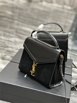 Y.S.L CASSANDRA MEDIUM TOP HANDLE BAG IN Suede and Smooth Leather Gold Tone Metal Black Color