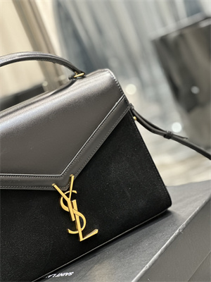 Y.S.L CASSANDRA MEDIUM TOP HANDLE BAG IN Suede and Smooth Leather Gold Tone Metal Black Color