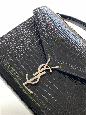 Y.S.L CASSANDRA MEDIUM TOP HANDLE BAG IN CROCODILE EMBOSSED LEATHER Silver Tone Metal Black Color