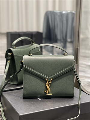 Y.S.L CASSANDRA MEDIUM TOP HANDLE BAG IN DE POUDRE EMBOSSED LEATHER Gold Tone Metal Green Color