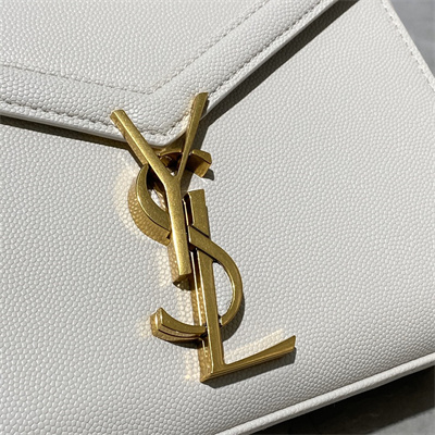 Y.S.L CASSANDRA MINI TOP HANDLE BAG  IN DE POUDRE EMBOSSED LEATHER Gold Tone Metal White Color