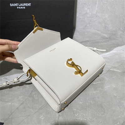 Y.S.L CASSANDRA MINI TOP HANDLE BAG  IN DE POUDRE EMBOSSED LEATHER Gold Tone Metal White Color