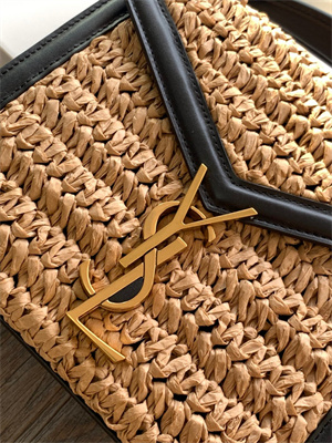 Y.S.L CASSANDRA MINI TOP HANDLE BAG IN Raffia and Leather Gold Tone Metal