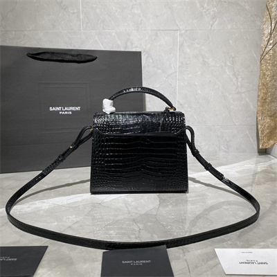 Y.S.L CASSANDRA MINI TOP HANDLE BAG IN CROCODILE EMBOSSED LEATHER Gold Tone Metal Black Color