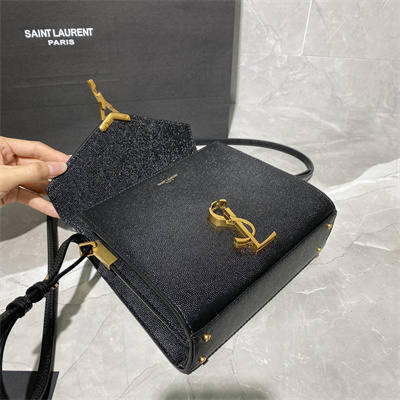 Y.S.L CASSANDRA MINI TOP HANDLE BAG IN DE POUDRE EMBOSSED LEATHER Gold Tone Metal Black Color