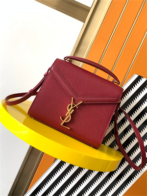 Y.S.L CASSANDRA MINI TOP HANDLE BAG IN DE POUDRE EMBOSSED LEATHER Gold Tone Metal Burgundy Color