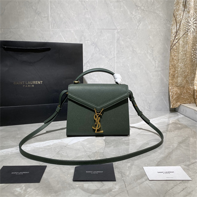 Y.S.L CASSANDRA MINI TOP HANDLE BAG IN DE POUDRE EMBOSSED LEATHER Gold Tone Metal Green Color