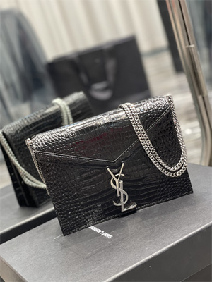 Y.S.L CASSANDRA CHAIN BAG IN CROCODILE EMBOSSED LEATHER Silver Tone Metal Black Color
