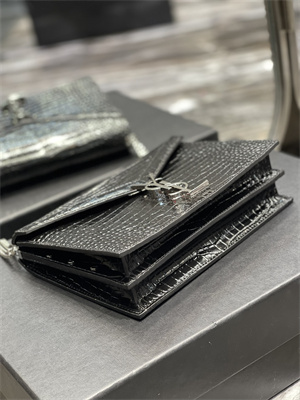 Y.S.L CASSANDRA CHAIN BAG IN CROCODILE EMBOSSED LEATHER Silver Tone Metal Black Color