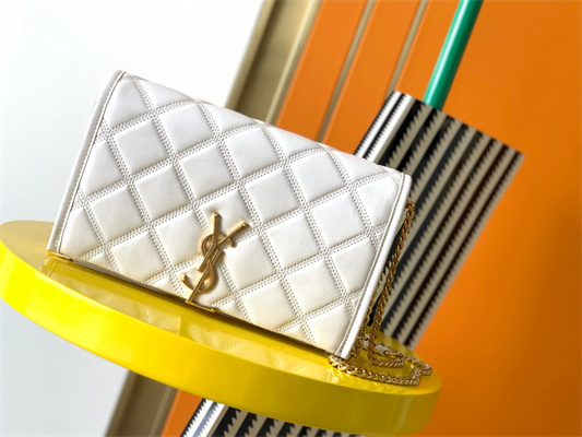 Y.S.L BECKY CHAIN WALLET IN White QUILTED LAMBSKIN Gold Tone Metal
