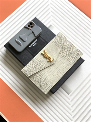 Y.S.L UPTOWN POUCH IN CROCODILE EMBOSSED LEATHER White Color Gold Tone Metal