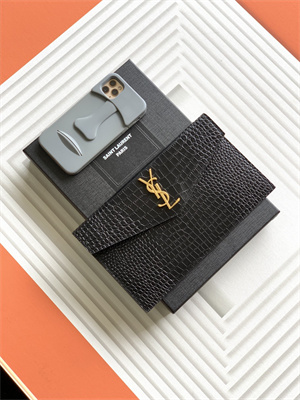 Y.S.L UPTOWN POUCH IN CROCODILE EMBOSSED LEATHER Black Color Gold Tone Metal