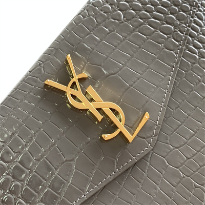 Y.S.L UPTOWN POUCH IN CROCODILE EMBOSSED LEATHER Grey Color Gold Tone Metal