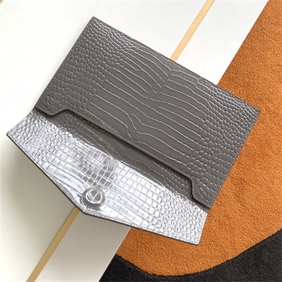 Y.S.L UPTOWN POUCH IN CROCODILE EMBOSSED LEATHER Grey Color Gold Tone Metal