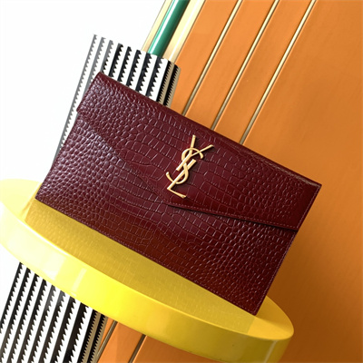 Y.S.L UPTOWN POUCH IN CROCODILE EMBOSSED LEATHER Burgundy Color Gold Tone Metal