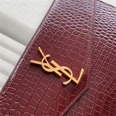 Y.S.L UPTOWN POUCH IN CROCODILE EMBOSSED LEATHER Burgundy Color Gold Tone Metal