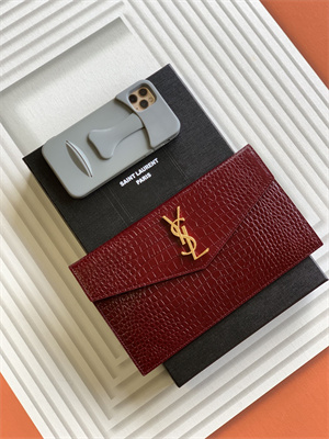 Y.S.L UPTOWN POUCH IN CROCODILE EMBOSSED LEATHER Burgundy Color Gold Tone Metal