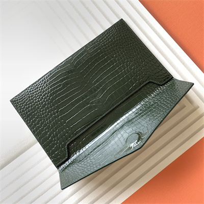 Y.S.L UPTOWN POUCH IN CROCODILE EMBOSSED LEATHER Dk Green Color Gold Tone Metal