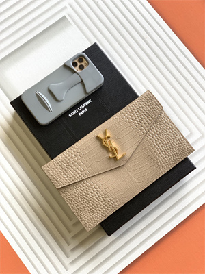 Y.S.L UPTOWN POUCH IN CROCODILE EMBOSSED LEATHER Beige Color Gold Tone Metal