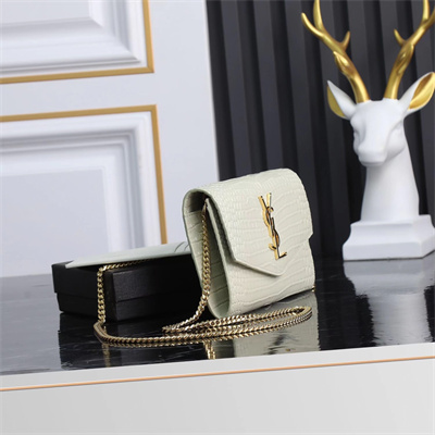 Y.S.L UPTOWN CHAIN WALLET IN CROCODILE EMBOSSED LEATHER White Color Gold Tone Metal