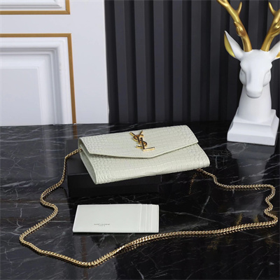 Y.S.L UPTOWN CHAIN WALLET IN CROCODILE EMBOSSED LEATHER White Color Gold Tone Metal