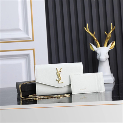 Y.S.L UPTOWN CHAIN WALLET IN GRAIN DE POUDRE EMBOSSED LEATHER White Color Gold Tone Metal