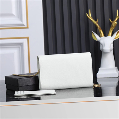 Y.S.L UPTOWN CHAIN WALLET IN GRAIN DE POUDRE EMBOSSED LEATHER White Color Gold Tone Metal