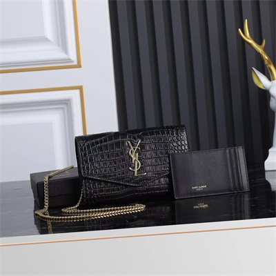 Y.S.L UPTOWN CHAIN WALLET IN CROCODILE EMBOSSED LEATHER Black Color Gold Tone Metal