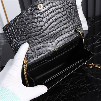 Y.S.L UPTOWN CHAIN WALLET IN CROCODILE EMBOSSED LEATHER Black Color Gold Tone Metal