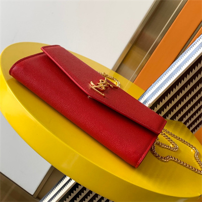 Y.S.L UPTOWN CHAIN WALLET IN GRAIN DE POUDRE EMBOSSED LEATHER Red Color Gold Tone Metal