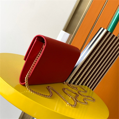 Y.S.L UPTOWN CHAIN WALLET IN GRAIN DE POUDRE EMBOSSED LEATHER Red Color Gold Tone Metal