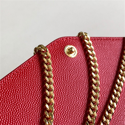 Y.S.L UPTOWN CHAIN WALLET IN GRAIN DE POUDRE EMBOSSED LEATHER Red Color Gold Tone Metal