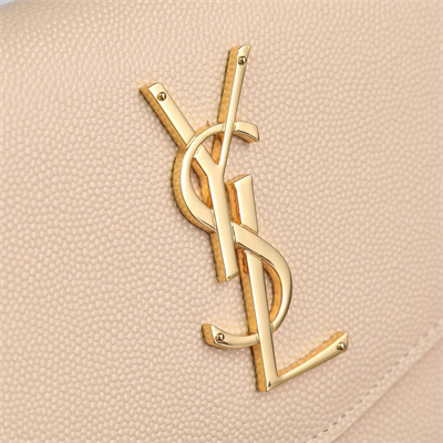 Y.S.L UPTOWN CHAIN WALLET IN GRAIN DE POUDRE EMBOSSED LEATHER Beige Color Gold Tone Metal