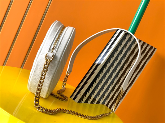 Y.S.L VINYLE ROUND CAMERA BAG IN White Chevron Quilted Grain De Poudre Embossed Leather Gold Tone Metal