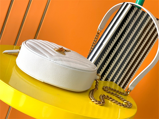 Y.S.L VINYLE ROUND CAMERA BAG IN White Chevron Quilted Grain De Poudre Embossed Leather Gold Tone Metal