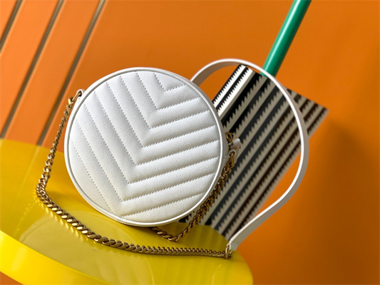 Y.S.L VINYLE ROUND CAMERA BAG IN White Chevron Quilted Grain De Poudre Embossed Leather Gold Tone Metal