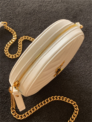 Y.S.L VINYLE ROUND CAMERA BAG IN White Chevron Quilted Grain De Poudre Embossed Leather Gold Tone Metal