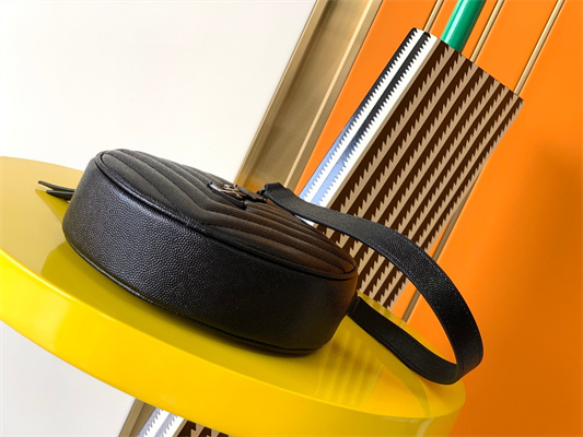 Y.S.L VINYLE ROUND CAMERA BAG IN Black Chevron Quilted Grain De Poudre Embossed Leather Black Tone Metal