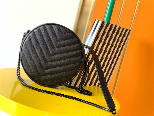 Y.S.L VINYLE ROUND CAMERA BAG IN Black Chevron Quilted Grain De Poudre Embossed Leather Black Tone Metal
