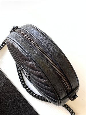 Y.S.L VINYLE ROUND CAMERA BAG IN Black Chevron Quilted Grain De Poudre Embossed Leather Black Tone Metal