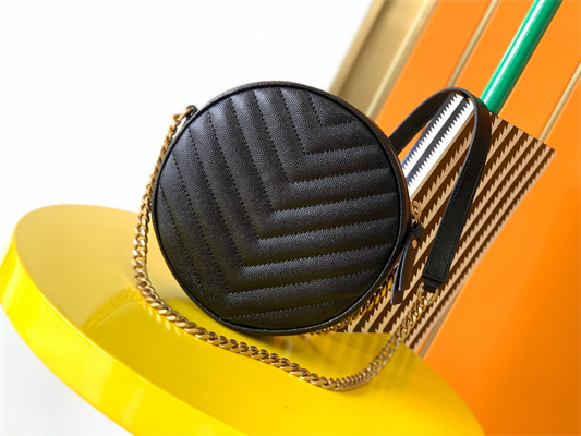 Y.S.L VINYLE ROUND CAMERA BAG IN Black Chevron Quilted Grain De Poudre Embossed Leather Gold Tone Metal
