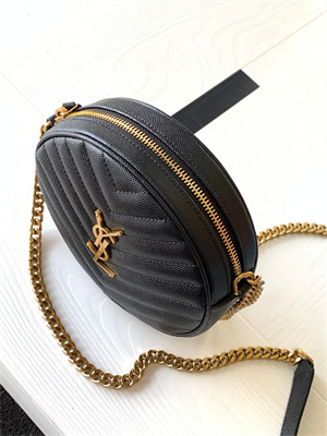Y.S.L VINYLE ROUND CAMERA BAG IN Black Chevron Quilted Grain De Poudre Embossed Leather Gold Tone Metal