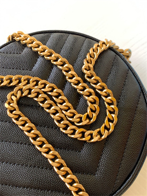 Y.S.L VINYLE ROUND CAMERA BAG IN Black Chevron Quilted Grain De Poudre Embossed Leather Gold Tone Metal