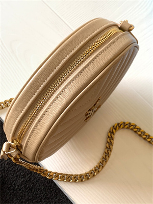 Y.S.L VINYLE ROUND CAMERA BAG IN Beige Chevron Quilted Grain De Poudre Embossed Leather Gold Tone Metal