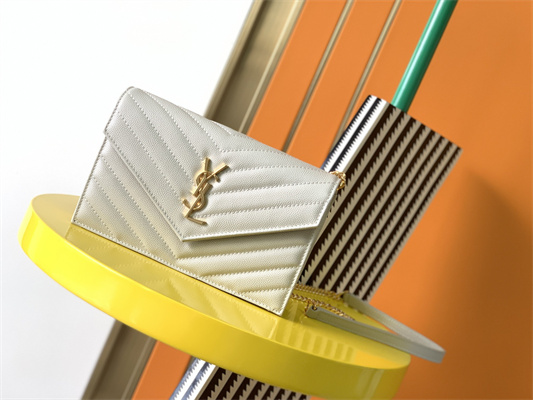 Y.S.L CASSANDRA ENVELOPE CHAIN WALLET IN GRAIN DEPOUDRE LEATHER White Color Gold Tone Metal